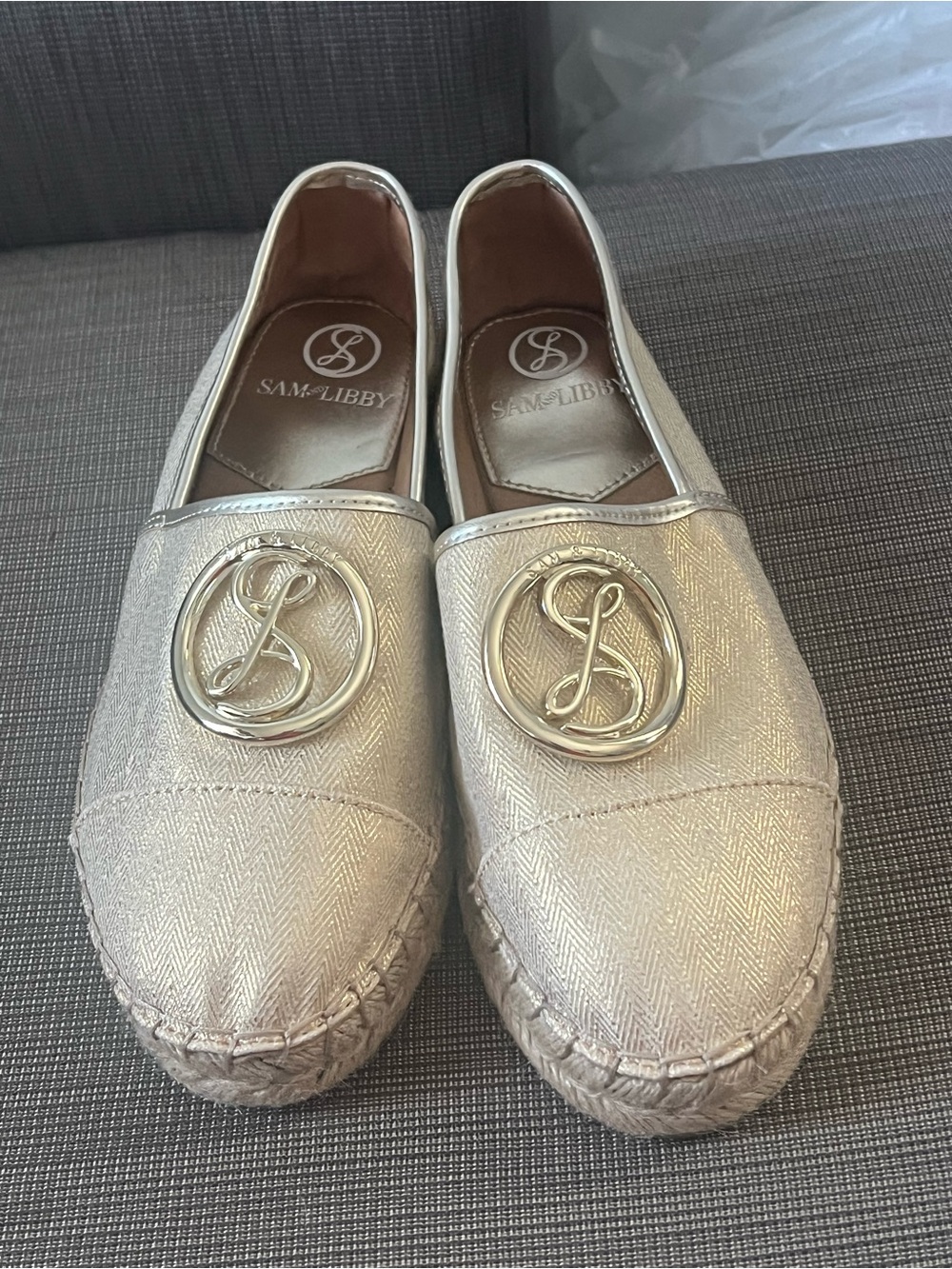 Sam & Libby Metallic Cream Espadrille Slip-Ons with Logo Medallion